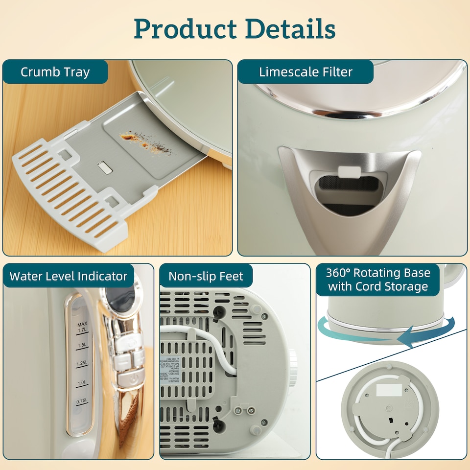 image 1 of HOMCOM Kettle and Toaster Set with LED Screen, 1.7L 3000W Retro Rapid Boil Jug Kettle with Keep Warm Memory Function, 2 Slice Toaster with 6 Browning Controls, Crumb Tray, Grey | Grey