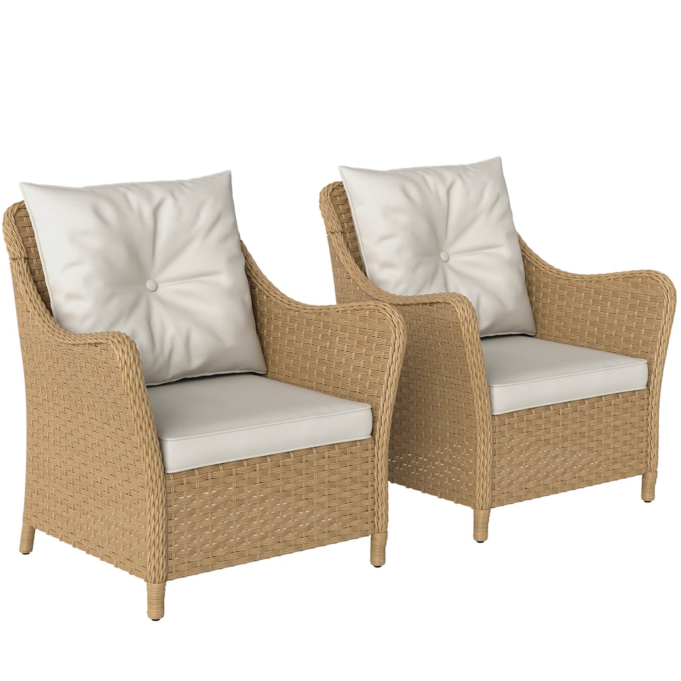 image 1 of Outsunny 2 Pieces Rattan Garden Chairs, Cushioned Rattan Chairs, Beige
