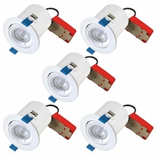 First Choice Lighting Set of 5 White Fire Rated Tilt Recessed Ceiling Downlights with Warm White LED Bulbs White