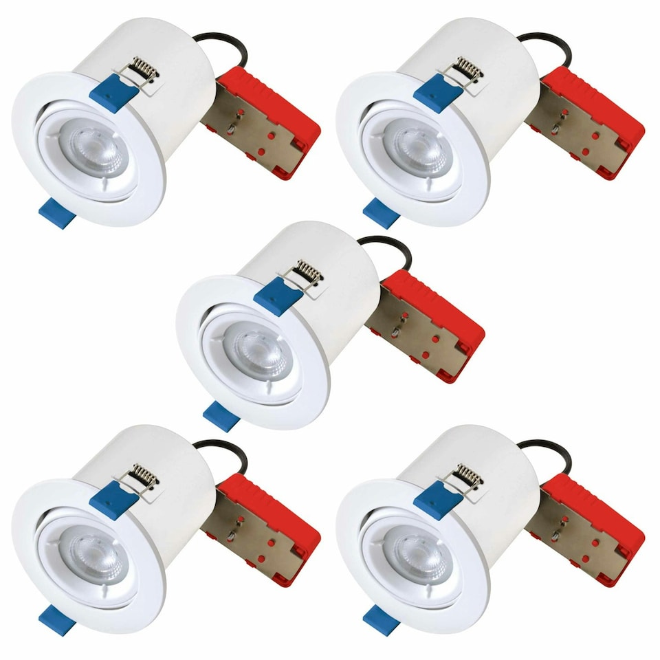 image 1 of First Choice Lighting Set of 5 White Fire Rated Tilt Recessed Ceiling Downlights with Warm White LED Bulbs White