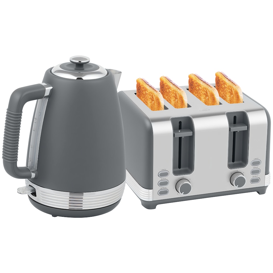 image 1 of HOMCOM Stainless Steel Kettle and Toaster Set, 1.7L 3000W Rapid Boil Jug Kettle with UK Strix Thermostat, Limescale Filter, 4 Slice Toaster with 7 Browning Controls, Crumb Tray, Grey and Silver Tone