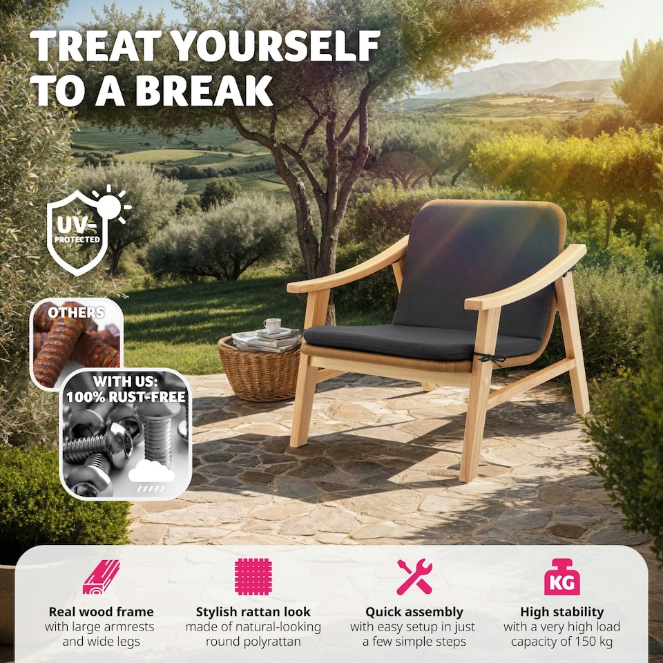 image 1 of Garden Chair Treviso - polyrattan with varnished wooden frame, thick cushion Brown | Nature