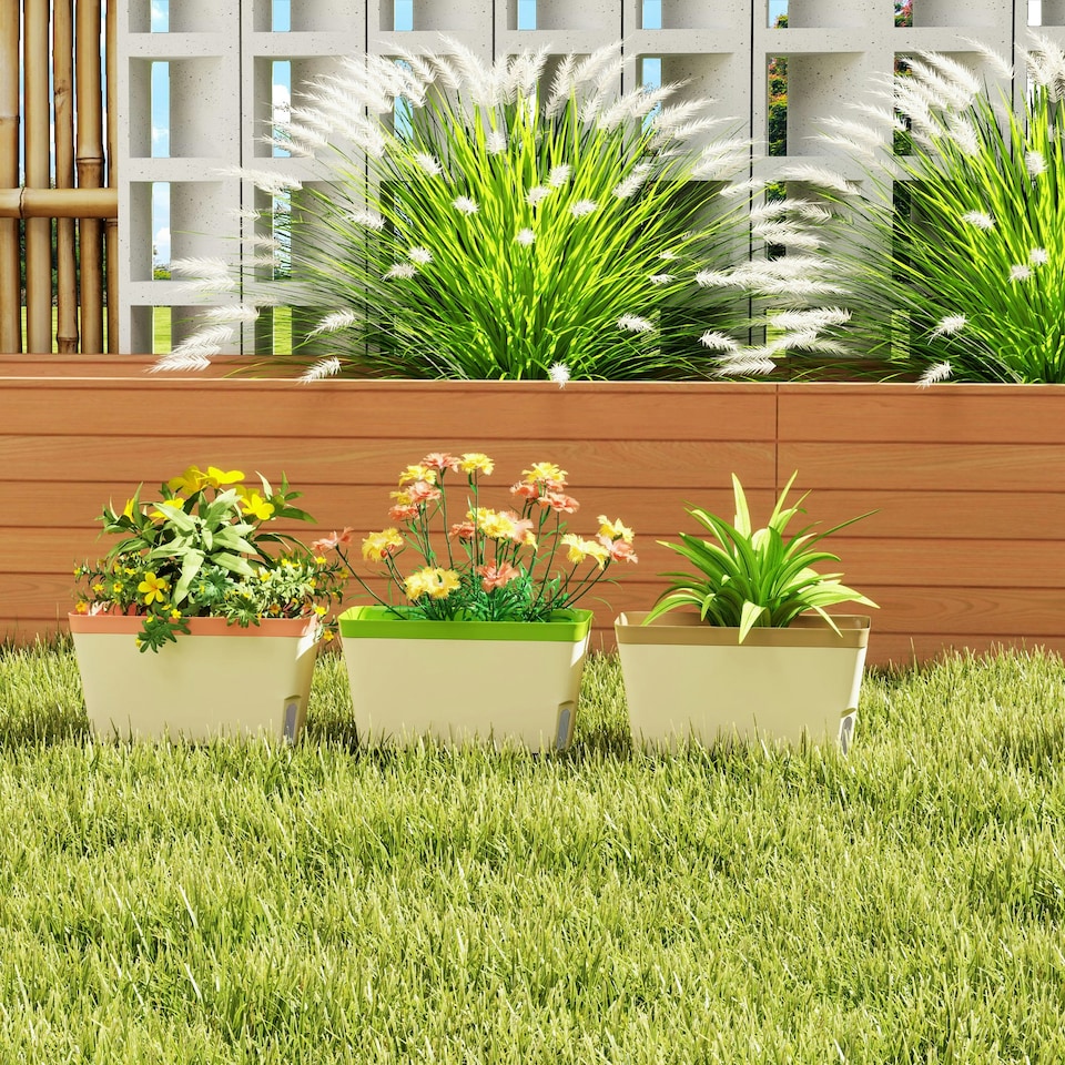image 1 of Outsunny 3 Pcs Self Watering Plant Pots w/ Visual Water Level Window White | White