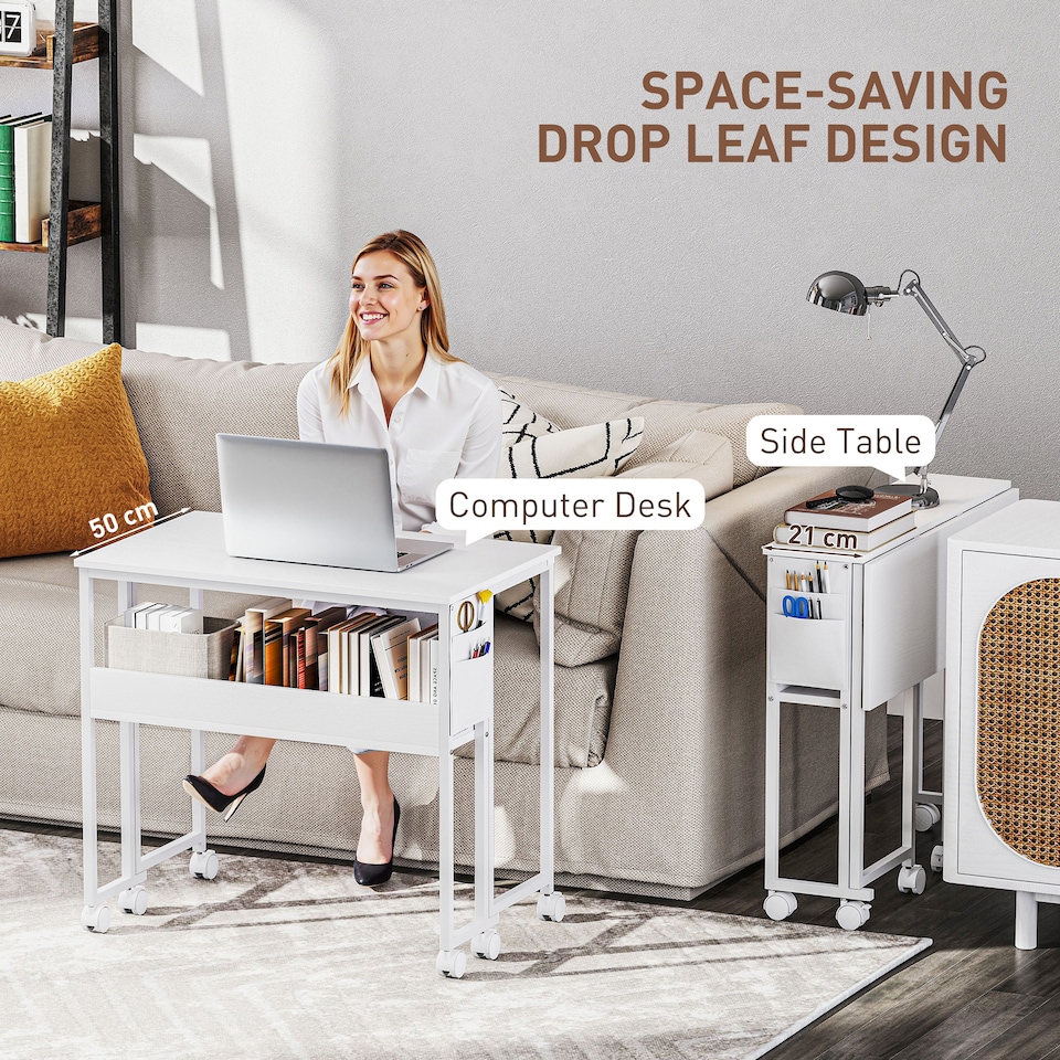image 1 of HOMCOM 80 cm Foldable Computer Desk on Wheels for Small Spaces White