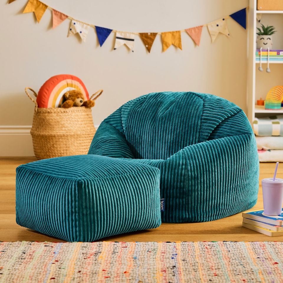 image 1 of icon Kids Kingston Cord Classic Bean Bag and Mini Square Footstool, Teal
