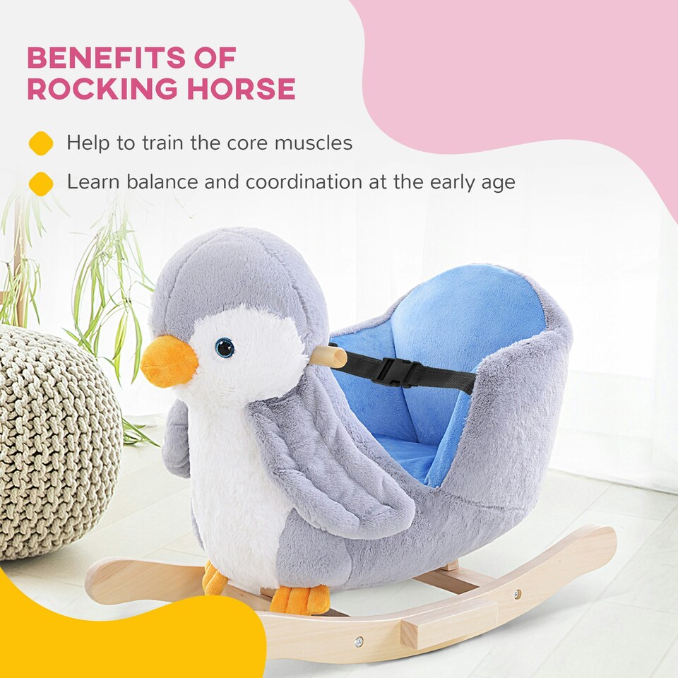 image 1 of HOMCOM Animal Baby Rocking Horse Penguin Plush Musical Button w/32 Songs Wood