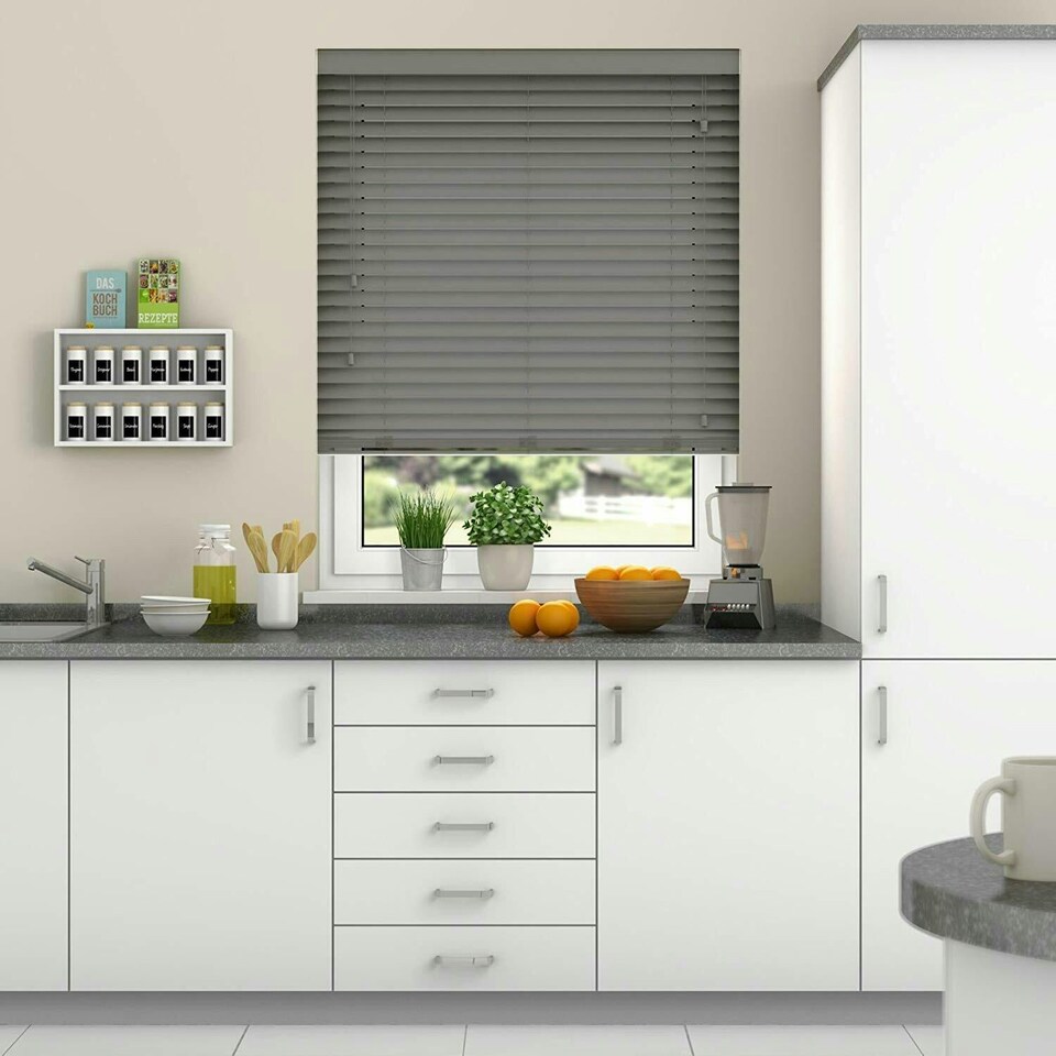 image 1 of 90cm Smooth Grey Smooth Finish Faux Wood Venetian Blinds with Strings (130cm drop)