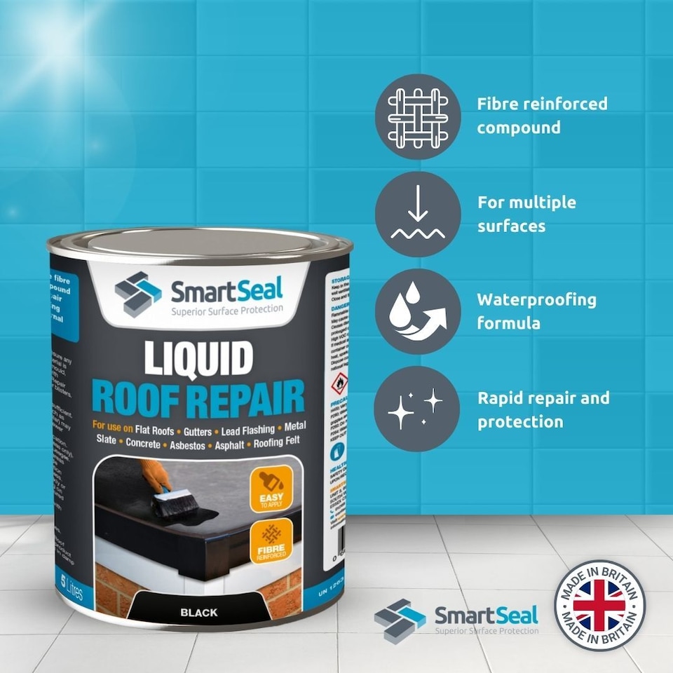 image 1 of Smartseal Liquid Roof Repair, Black, Repair and Waterproof Roof Leaks, Gutters, Lead Flashing, Metal, Slate, Concrete, Felt, 1L