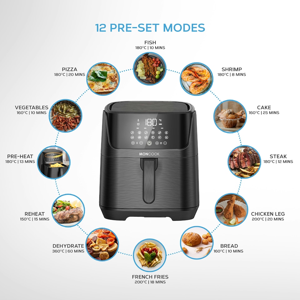 image 1 of MONCOOK Digital Air Fryer - 6.5 L Oil-free Non Stick - 50 Airfryer Recipe Cookbook - 12 Pre-Set Programs - Chip Fryer, Adjustable Thermostat, LED Display, Timer