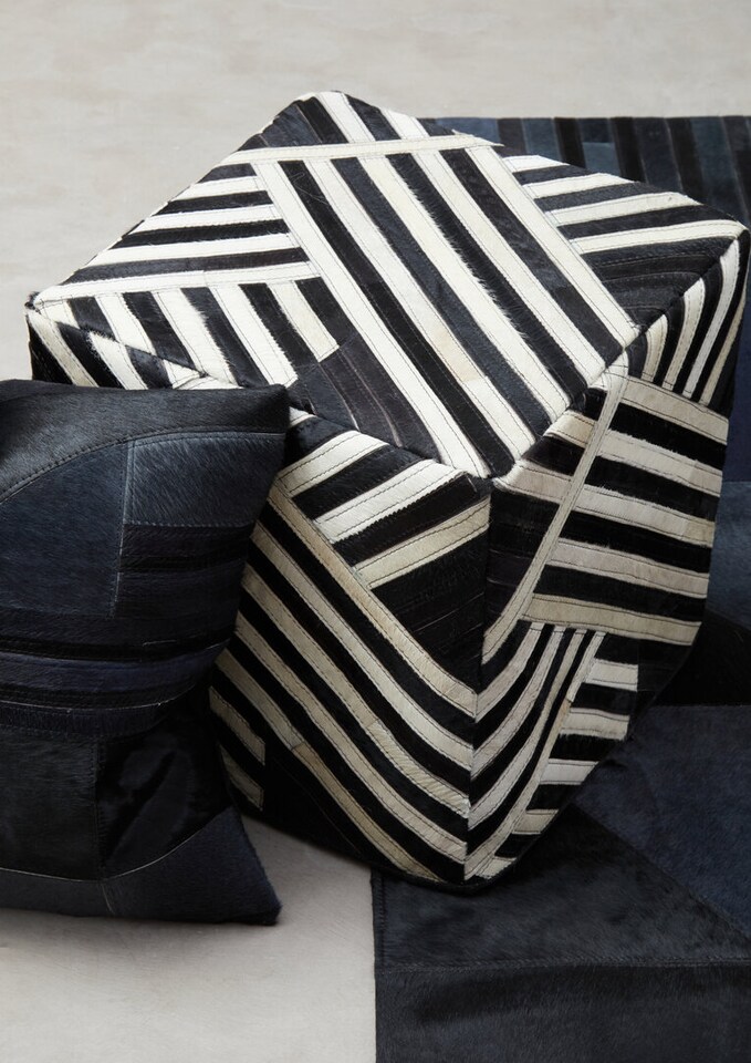 image 1 of Bosie Safira Black And White Stripe Leather Pouffe