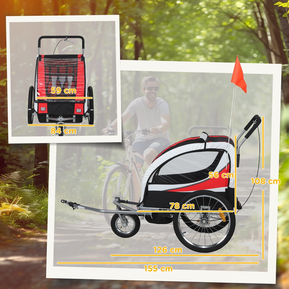 image 1 of HOMCOM 2 Seat Child Bike Trailer, Baby Bicycle Trailer for 2 Kids, Red