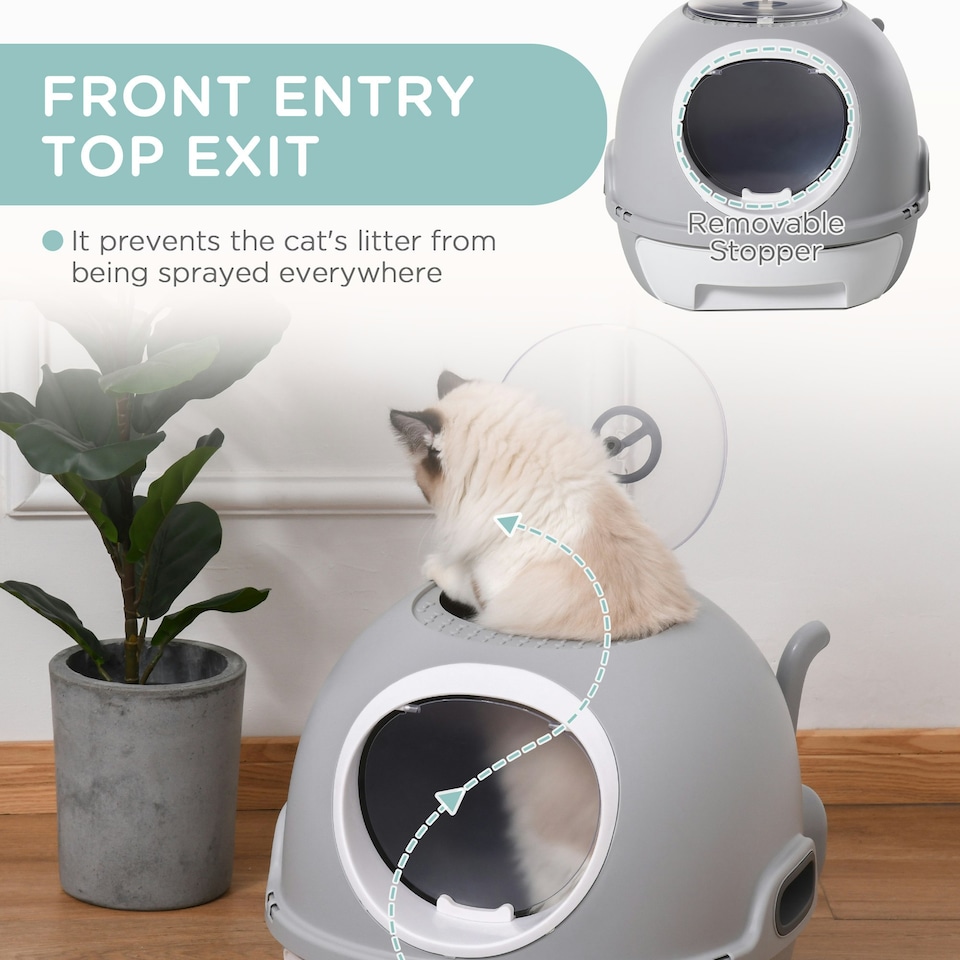 image 1 of PawHut Futuristic Capsule-Shaped Cat Litter Box w/ 2 Doors Scoop Drawer Grey