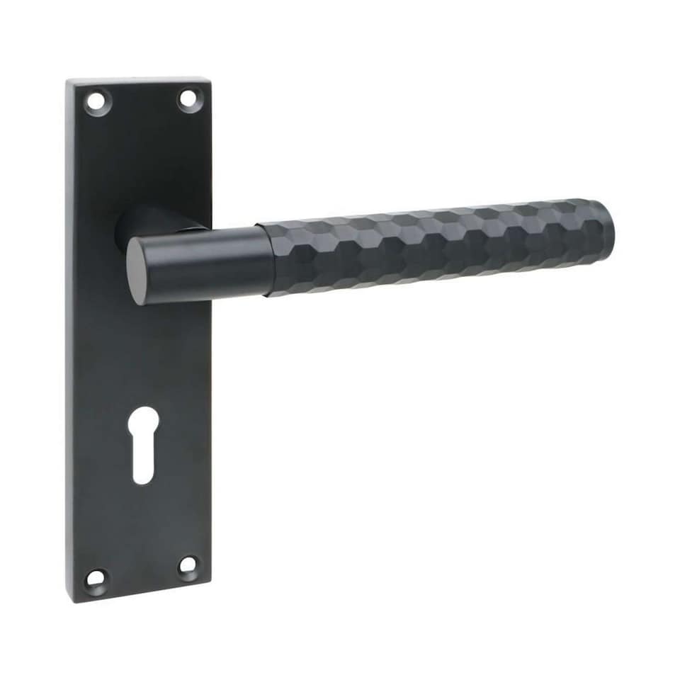 image 1 of Golden Grace 1 Pair Victorian Knurled Honeycomb Hex Cut Lock Door Handle Matt Black - Secure and Elegant 3 Lever Lock Set with Hinges - 150mm x 40mm