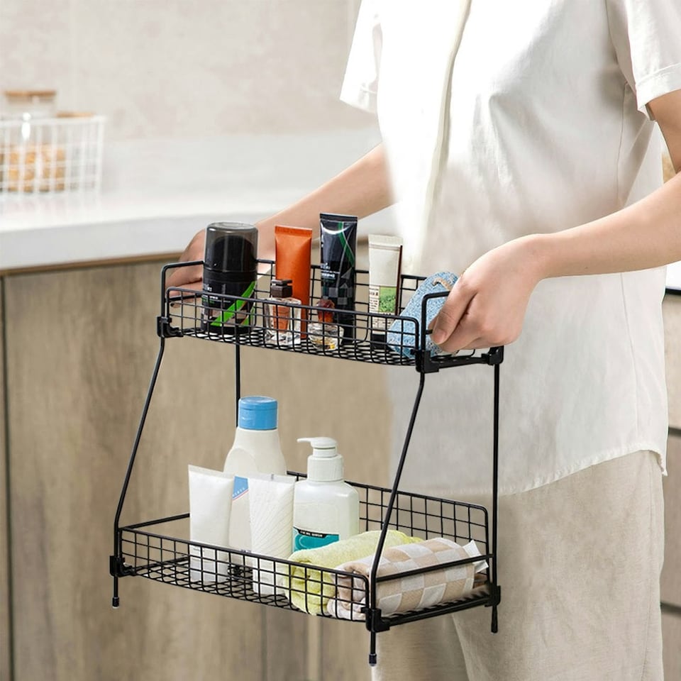 image 1 of Living and Home 2-Tier Metal Jar Storage Rack Organizer - Black | Black