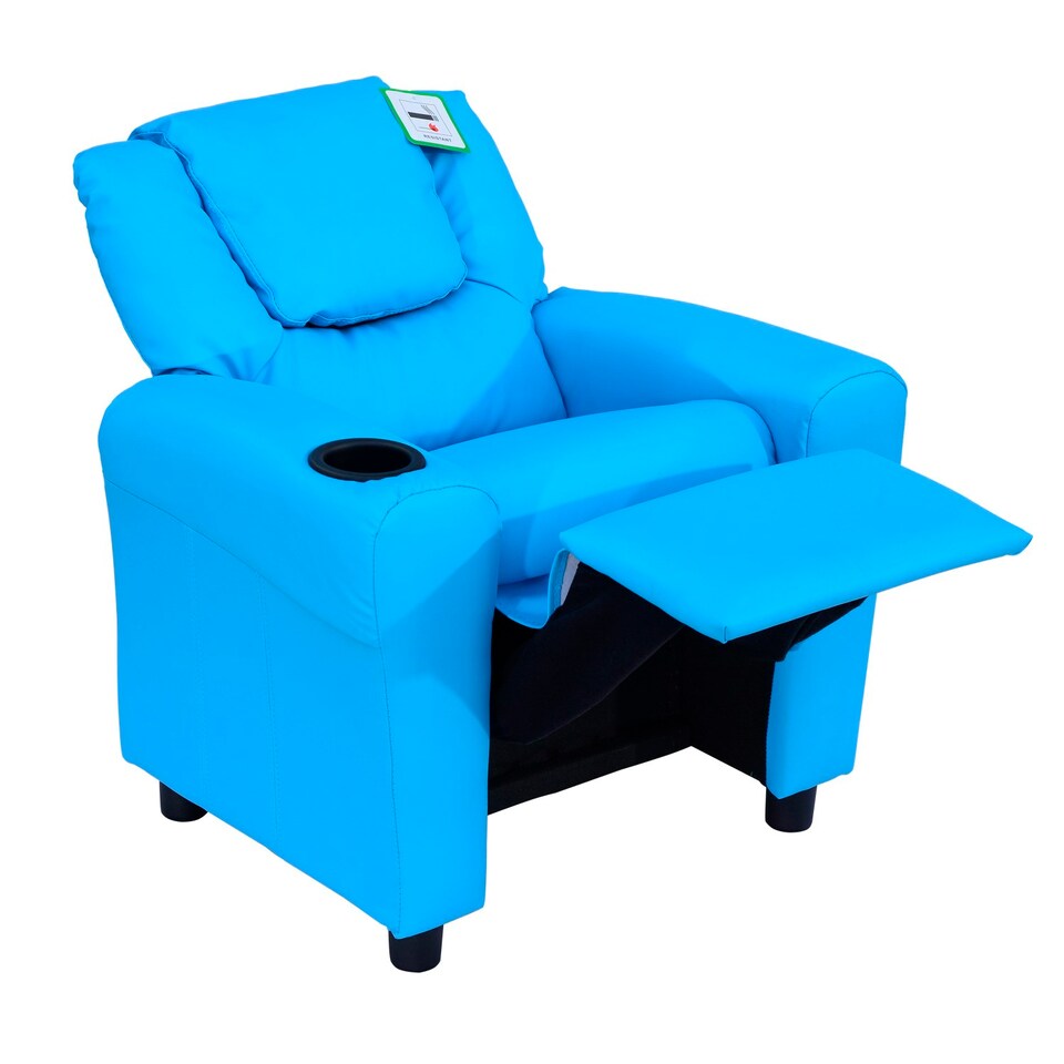 image 1 of HOMCOM Kids Recliner Chair w/ Cup Holder, PU Leather Children Lounger, Blue Blue