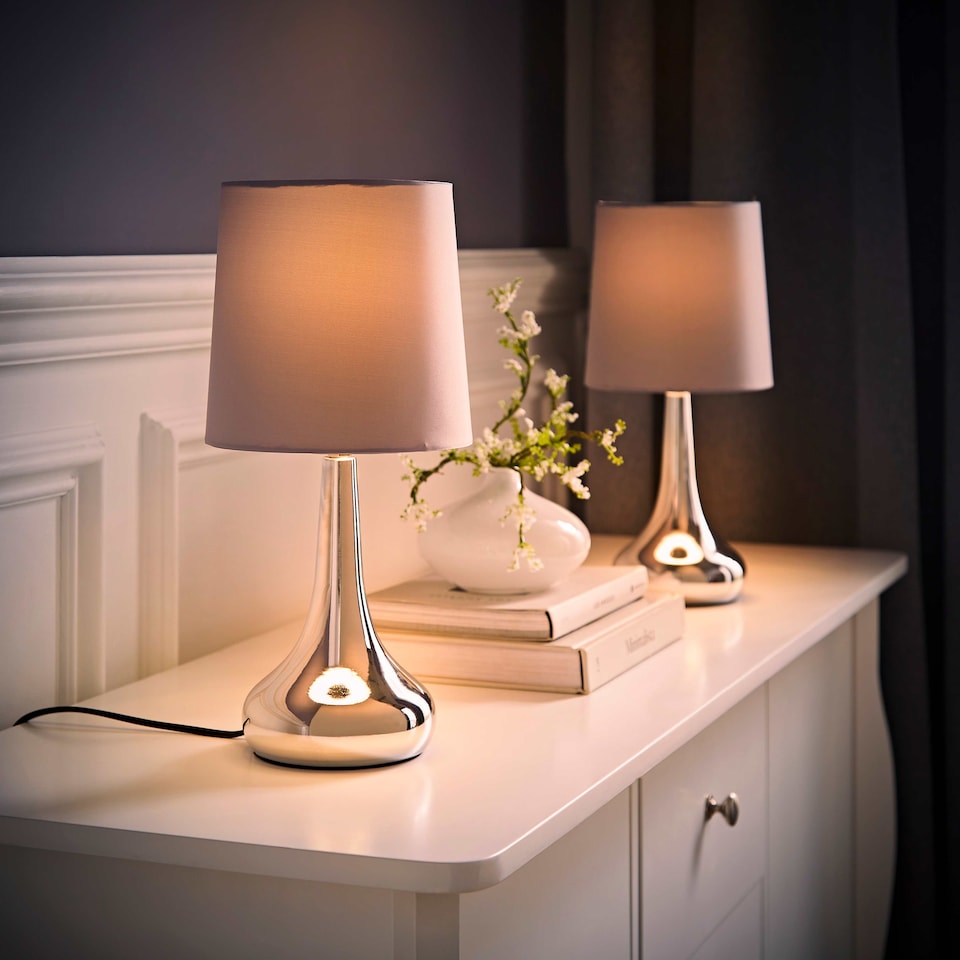 image 1 of ValueLights Teardrop Pair Chrome Touch Table Lamps Grey Shade | Grey