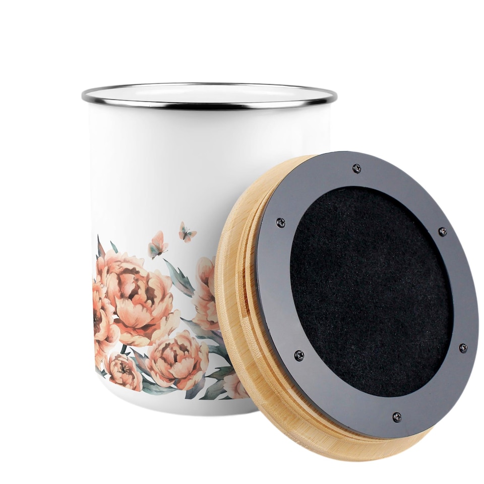 image 1 of Peach Peonies Food Waste Caddy - Metal 2L Decorative Kitchen Compost Bin