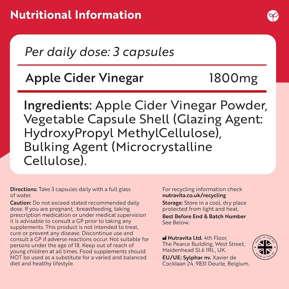 image 1 of Nutravita Apple Cider Vinegar Capsules 1800mg - Raw & Unfiltered ACV from UK Grown Apples - 180 High Strength Vegan Capsules - 60 Day Supply