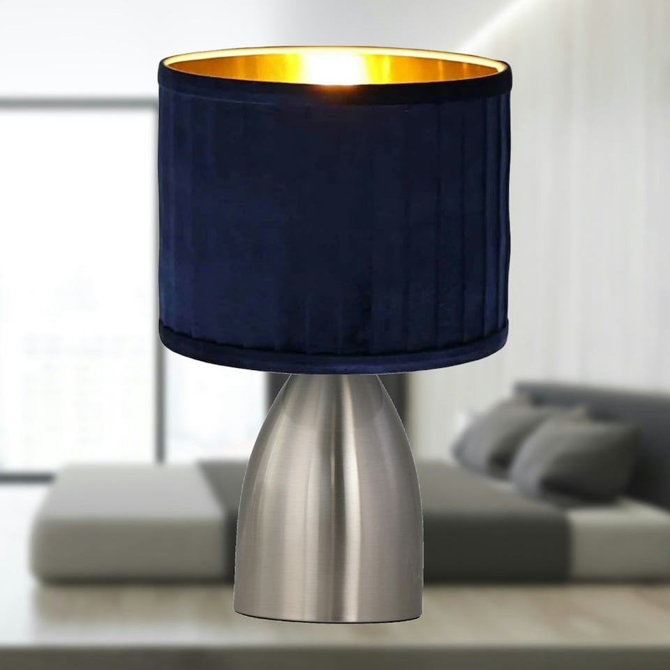 image 1 of First Choice Lighting Valentina Brushed Chrome Touch Lamp with Navy Pleated Velvet Shade Silver | Blue