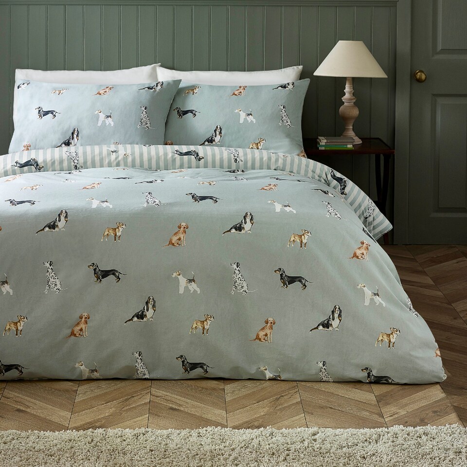 image 1 of Catherine Lansfield Dog Stripe Reversible Duvet Cover Set
