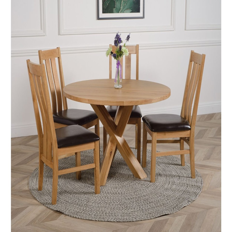 image 1 of Oregon Round Oak Dining Table and 4 Princeton Chairs | Brown | Brown | 1
