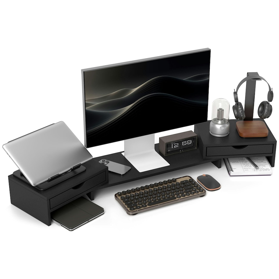 image 1 of HOMCOM Dual Monitor Stand Riser with Adjustable Length and Angle, Black
