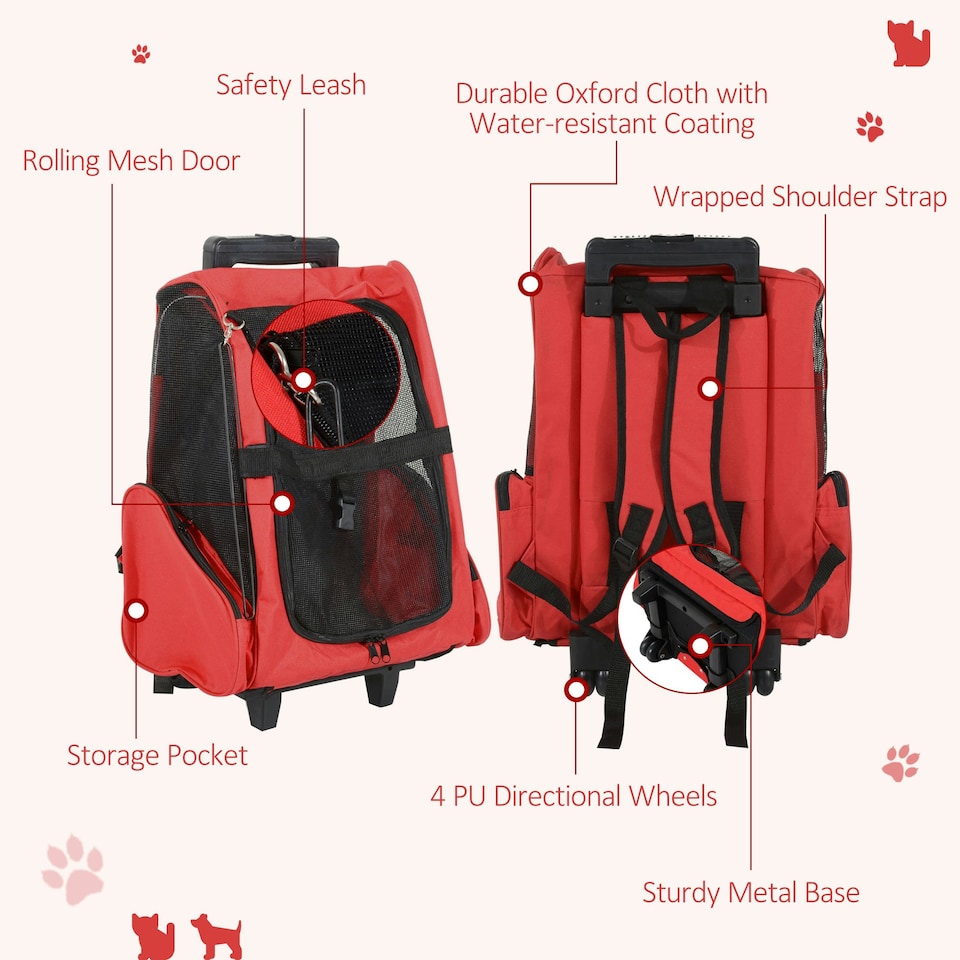 image 1 of PawHut Pet Travel Backpack Bag Cat Puppy Dog Carrier w/ Trolley and Telescopic