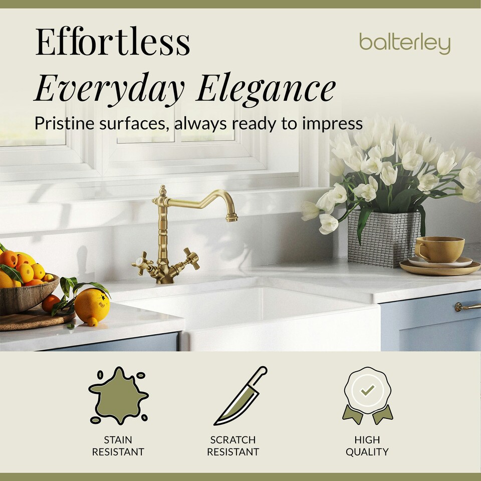 image 1 of Fireclay Kitchen Bundle - Single Bowl Belfast Sink, Strainer Waste & French Classic Tap, 595mm - Brushed Brass - Balterley