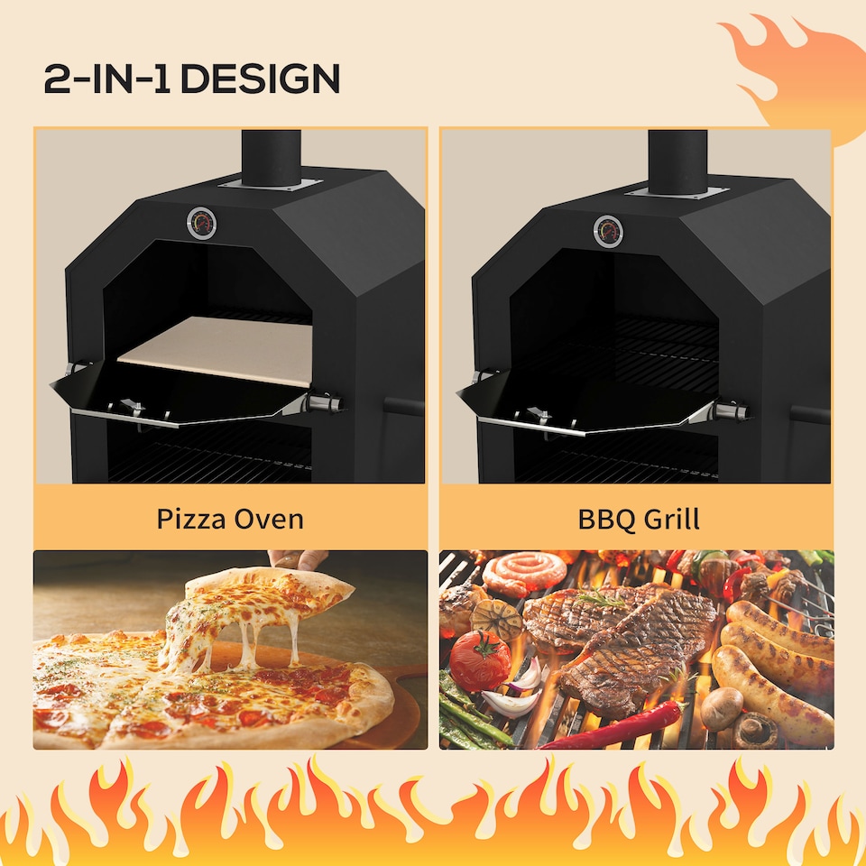 image 1 of Outsunny Outdoor Pizza Oven Charcoal Grill with Rain Cover, Shelf and Wheels