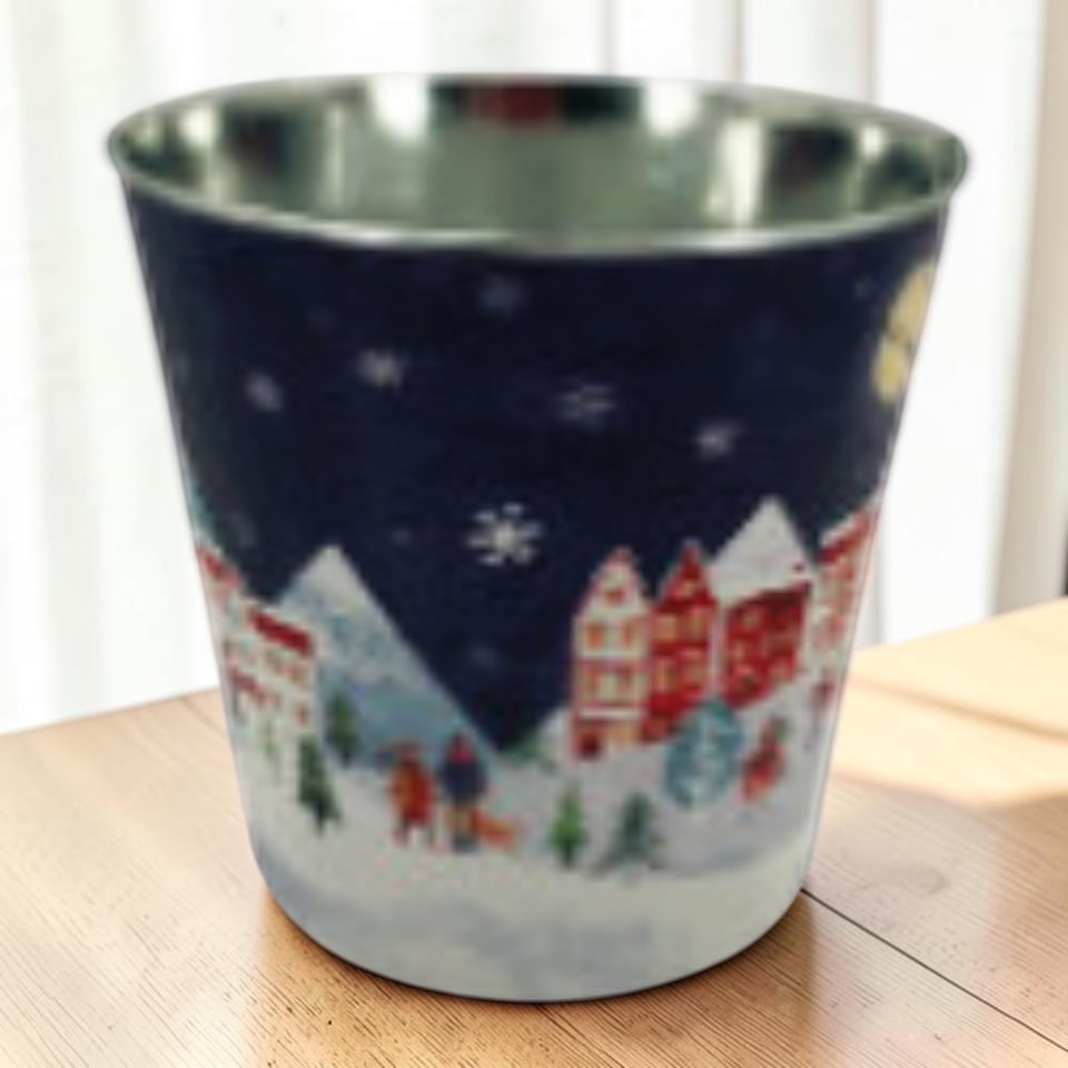 image 1 of Large Blue Christmas Village Scene Decorative Metal Pot Planter 23cm