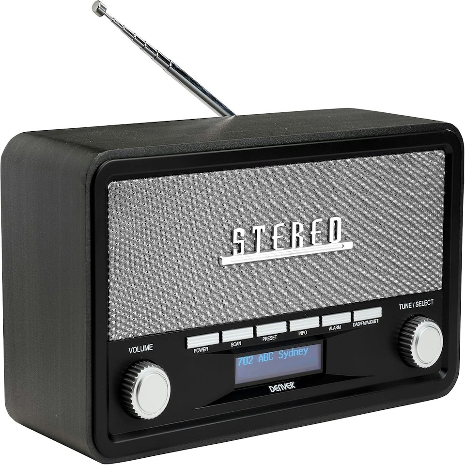 image 1 of Vintage Style Stereo DAB/DAB+ & FM Radio – Grey Wood Cabinet, Bluetooth, Clock Radio Alarm, AUX IN for Smart Phone/Tablet / MP3 Player – Mains or Battery