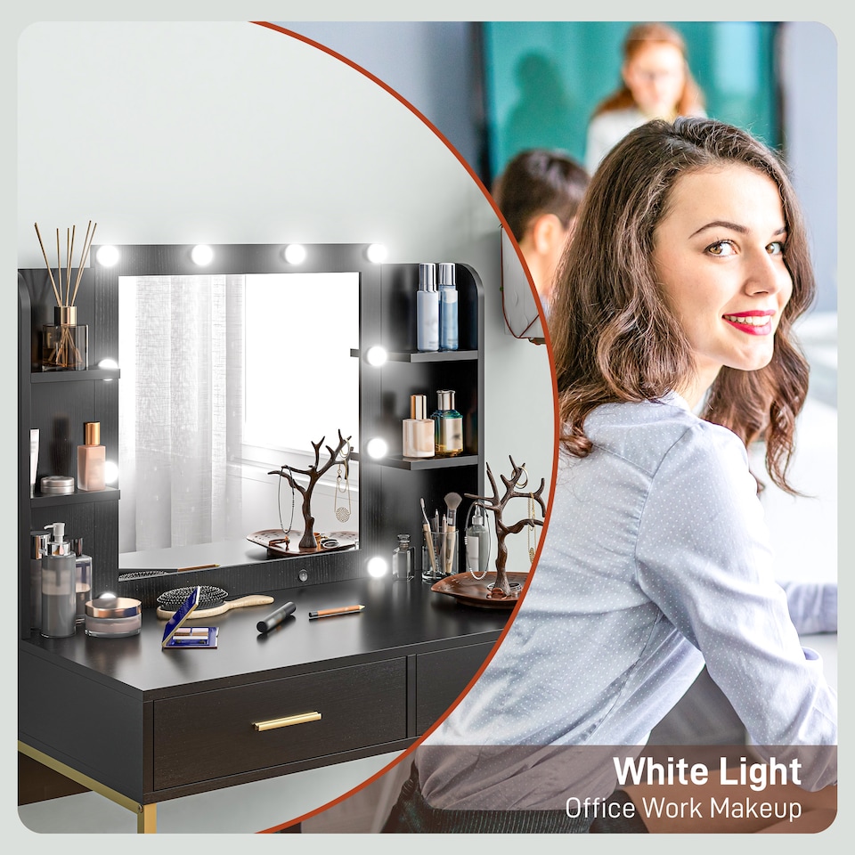 image 1 of HOMCOM Makeup Vanity Desk Set with Lighted Mirror, Stool, Drawers, Black