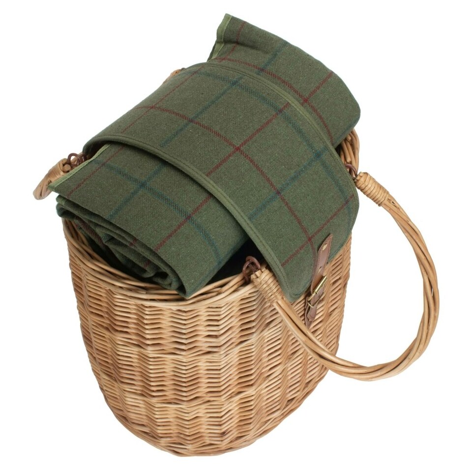 image 1 of Wicker Oval Green Tweed Fitted Cool Bag Drinks Picnic Basket