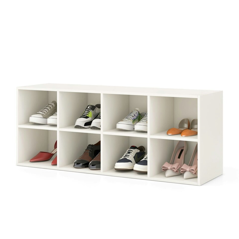 image 1 of COSTWAY 8 Grid Shoe Bench 2 in 1 Shoe Organizer Storage White | White