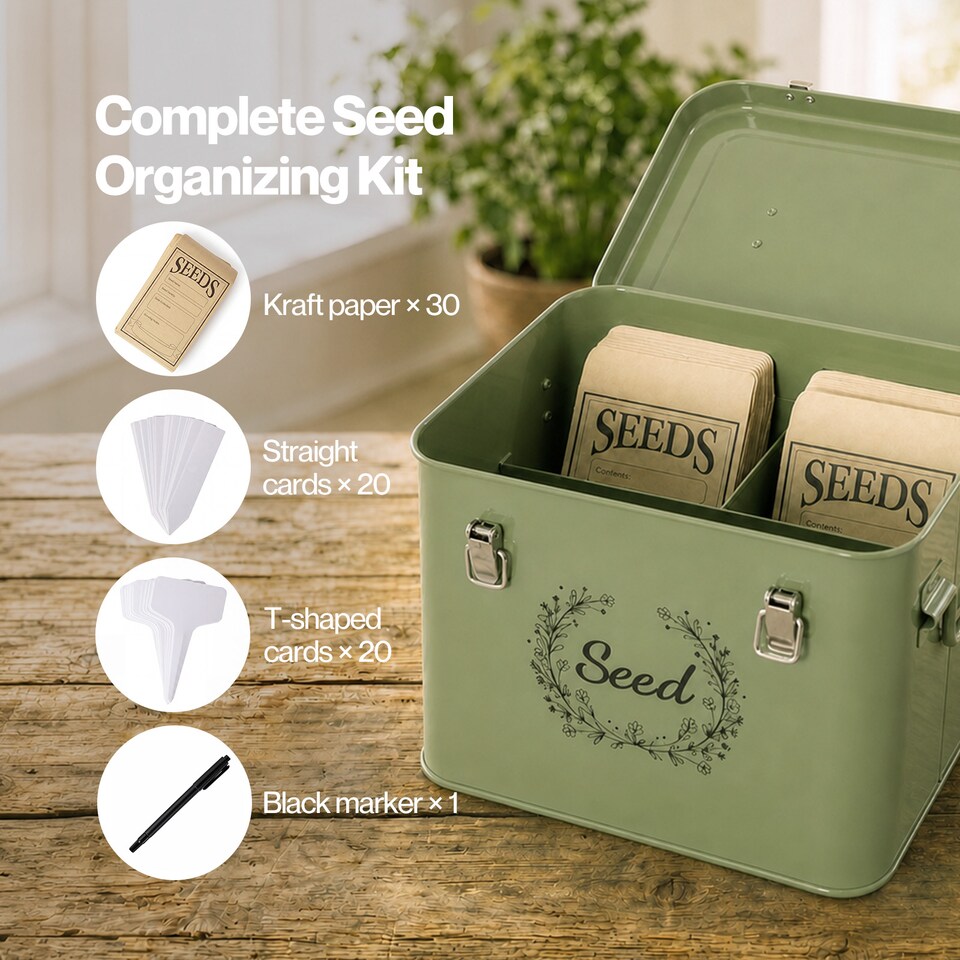 image 1 of TOQUE Seed Storage Box Organiser 3 Compartment Metal Seed Storage Green
