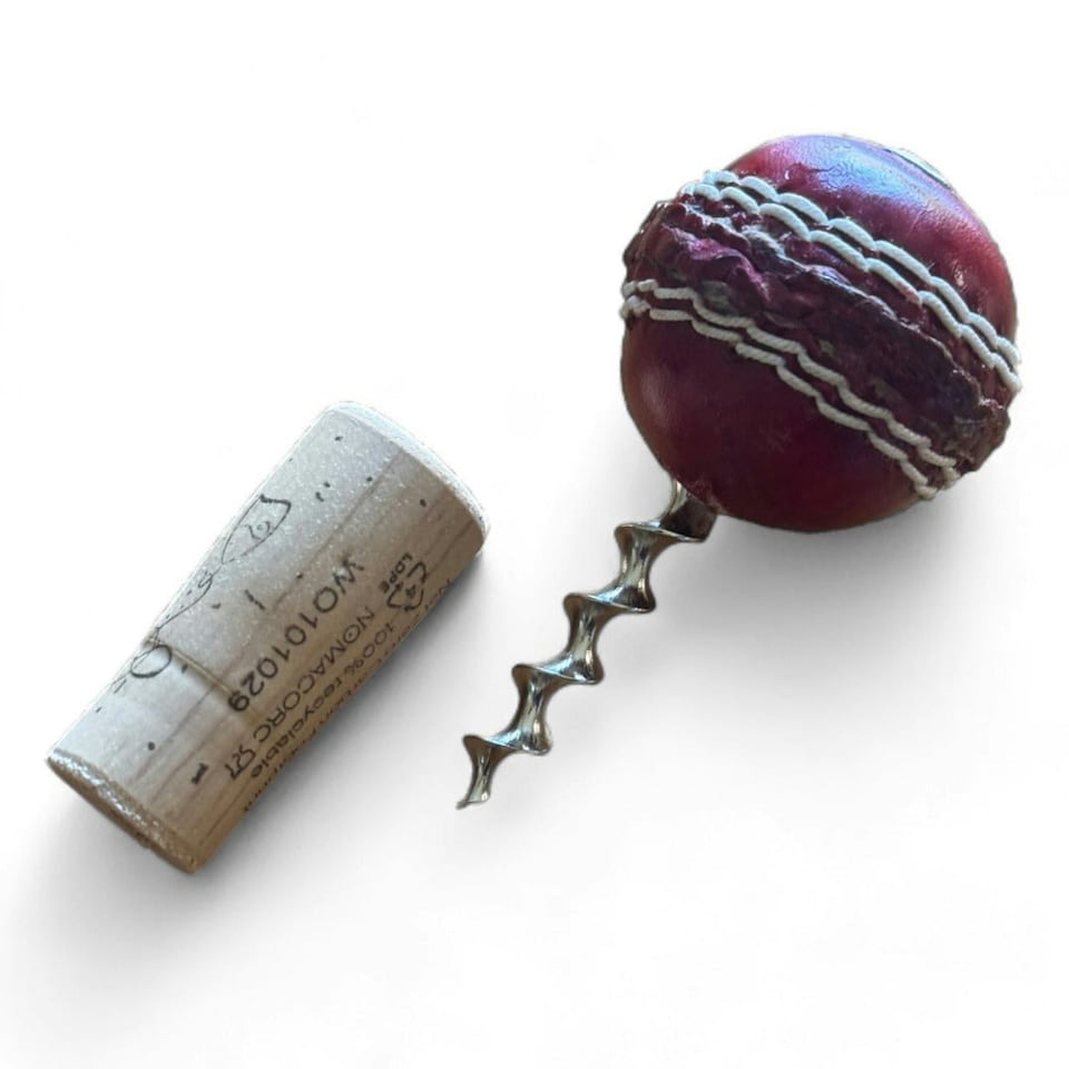image 1 of CRICKET-GIFTS - Mini Cricket Ball Wine Opener | Hand Made in UK | 4cm Ball & Metal Auger | Easy Wine Cork Removal | Not for Synthetic Corks
