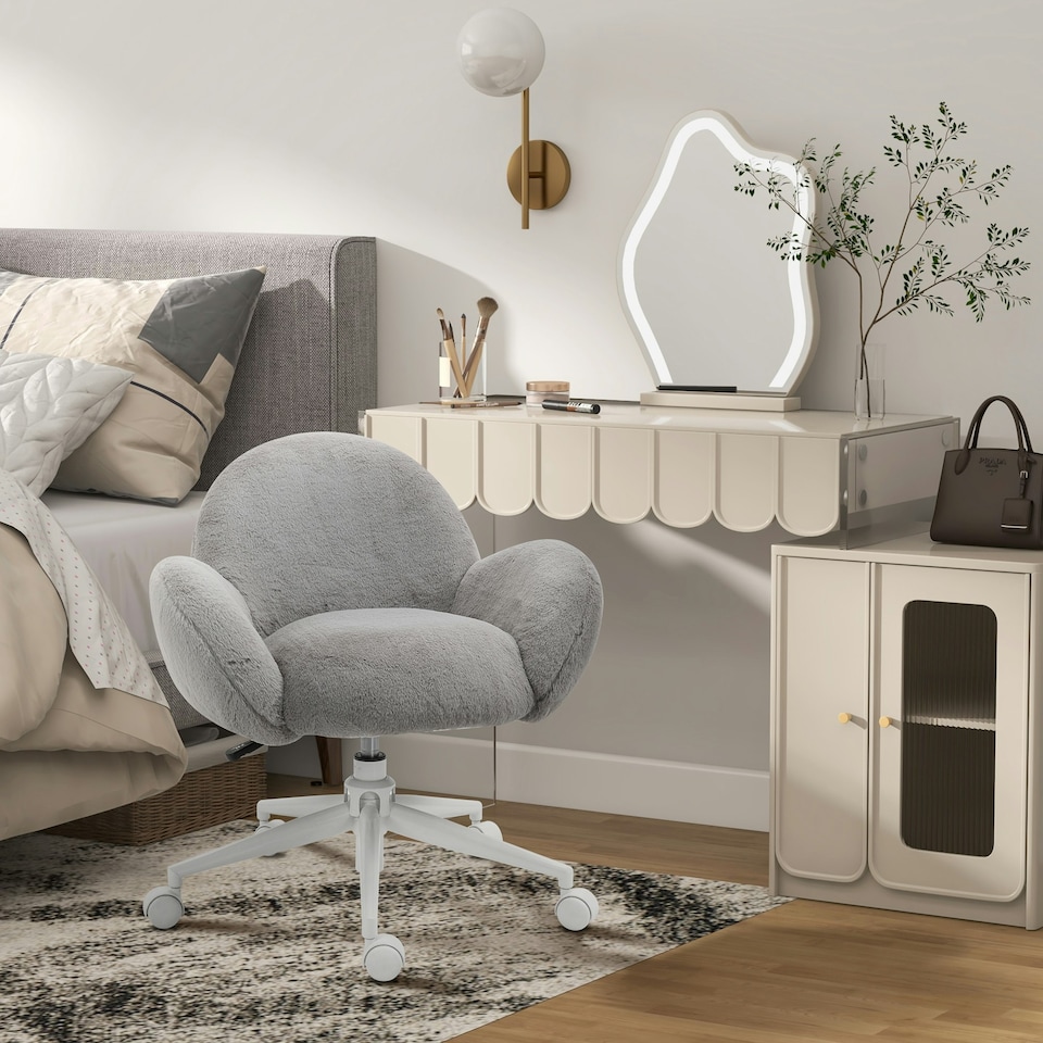 image 1 of HOMCOM Fluffy Leisure Chair Office Chair with Backrest Armrest Wheels Grey