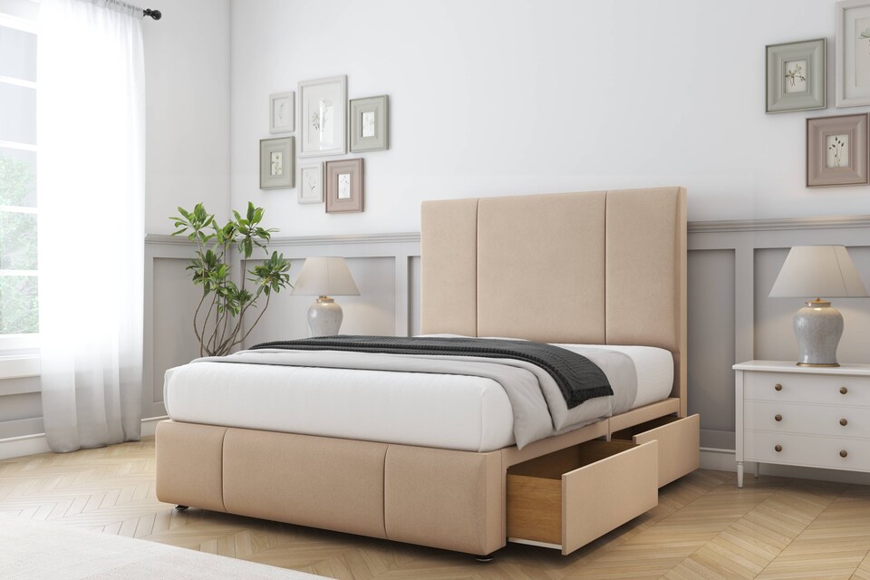 image 1 of Sloomy Lisbon Pebble Plush Divan Bed With Mattress 4 Drawers With 54" Floor Standing Headboard & 12" Matching Footboard 6' Super King | Brown | Pebble | Super King | 1