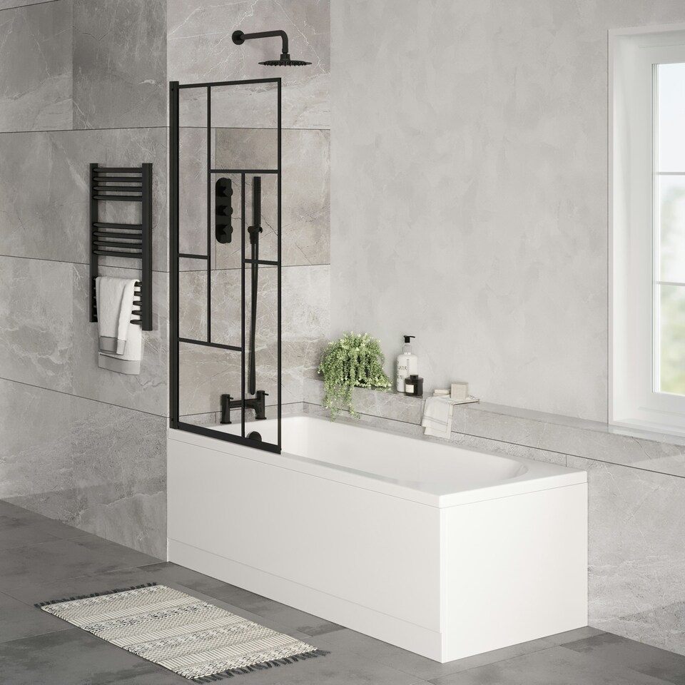 image 1 of Round Single Ended Bath, Abstract Black Screen, Panels, Black Waste -1700x700mm White