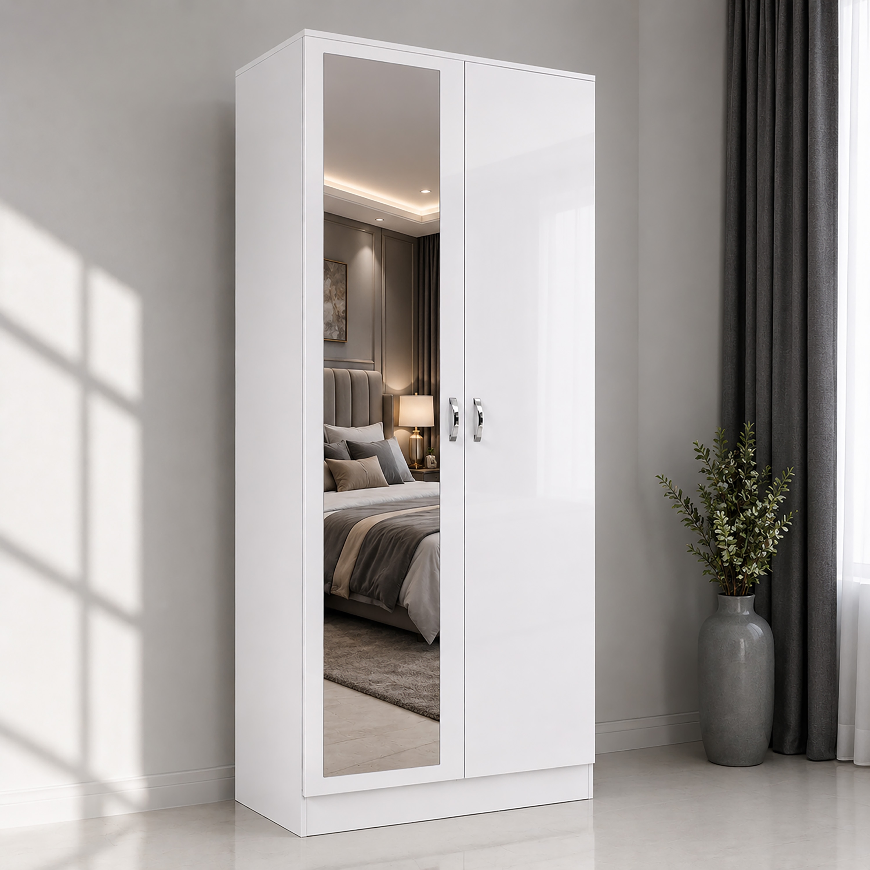 LUXURY White Mirrorred 2 Door Soft close wardrobe - height 180 cm