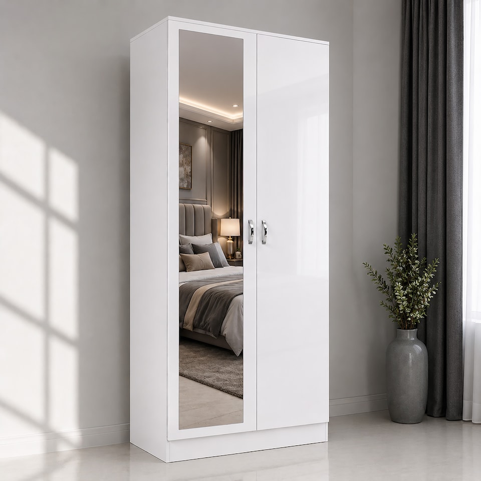 image 1 of LUXURY White Mirrorred 2 Door Soft close wardrobe - height 180 cm