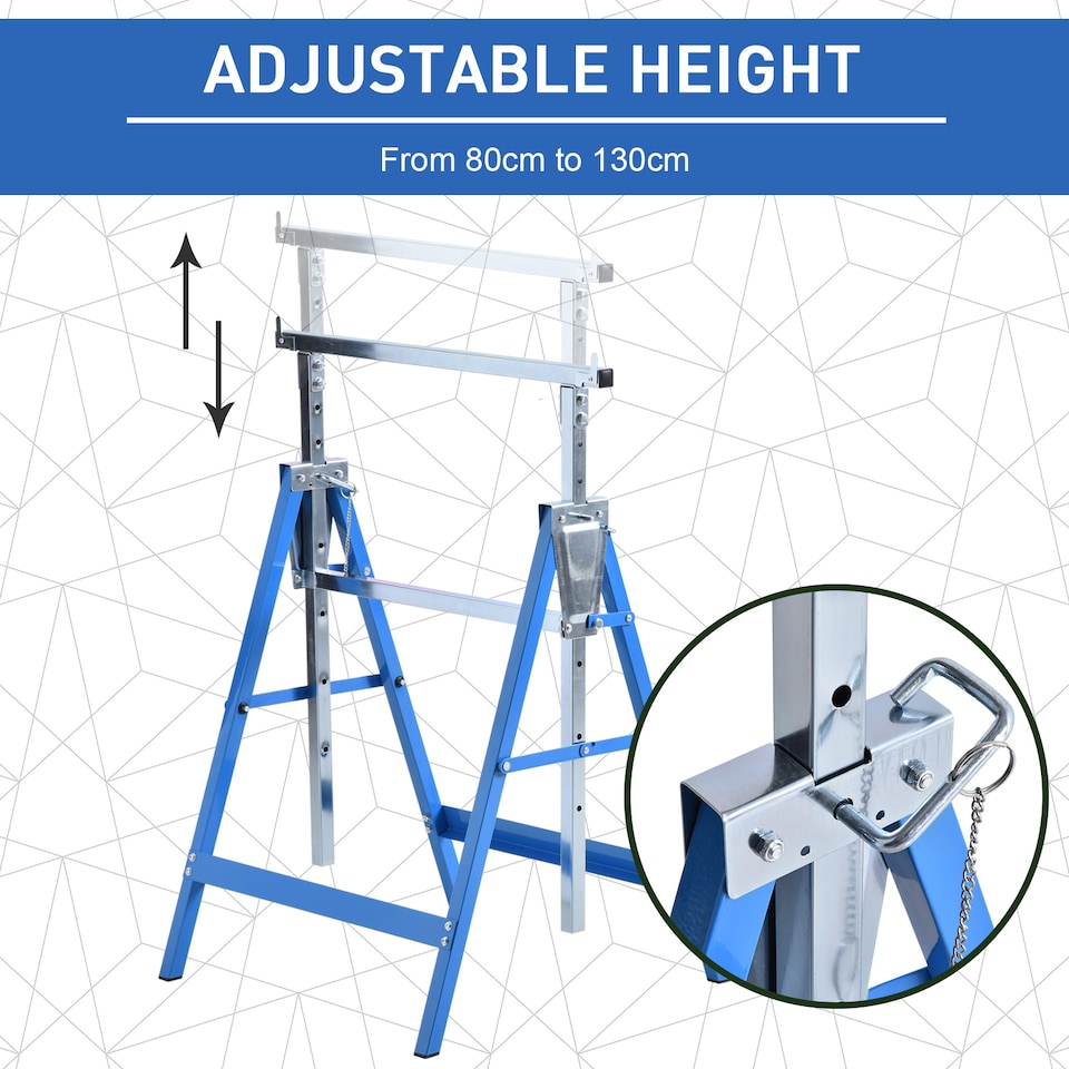image 1 of HOMCOM Set Of 2 Steel Saw Horses Telescopic Builders Work Bench Folding Blue