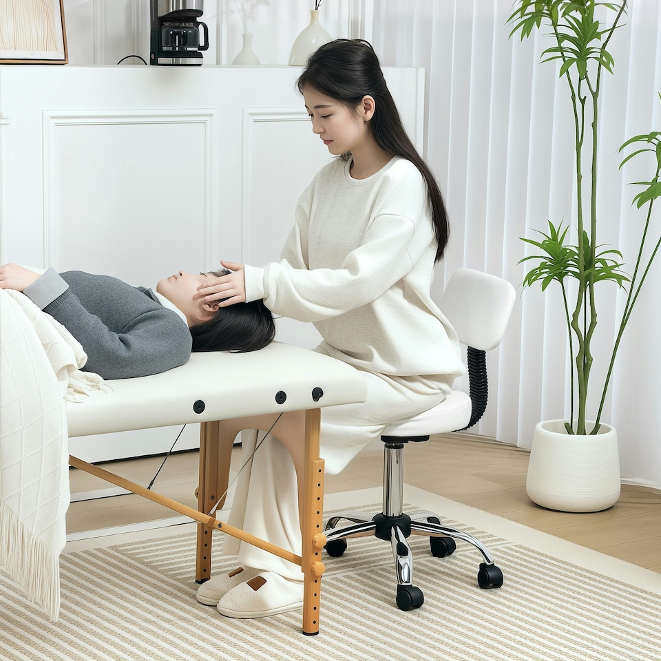 image 1 of HOMCOM Rolling Stool with Backrest, Wheels, Faux Leather Salon Chair, White Black