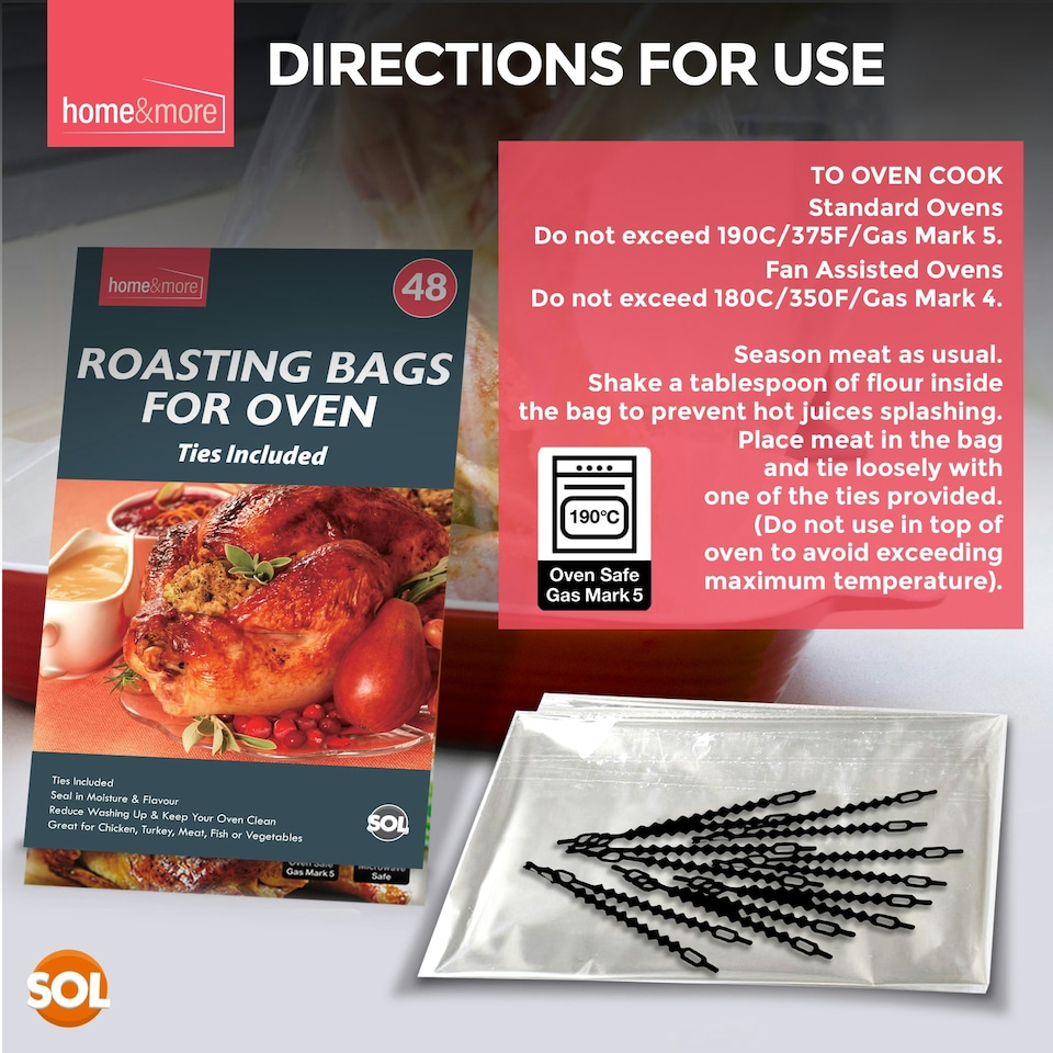 image 1 of 48pk Oven Roasting Bags with Ties | Ideal for Roastng Chicken, Turkey, Meat