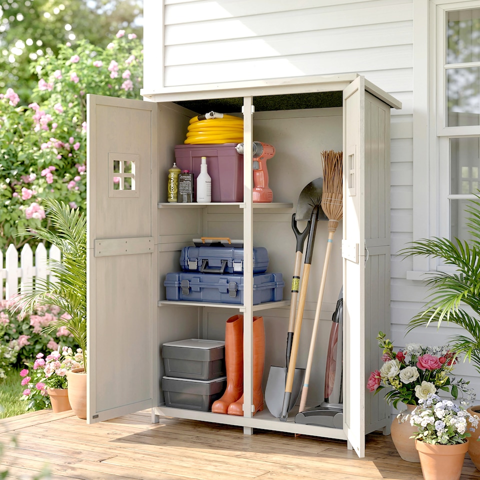 image 1 of Outsunny Garden Shed Outdoor Storage Unit w/ Asphalt Roof and Three Shelves | Grey