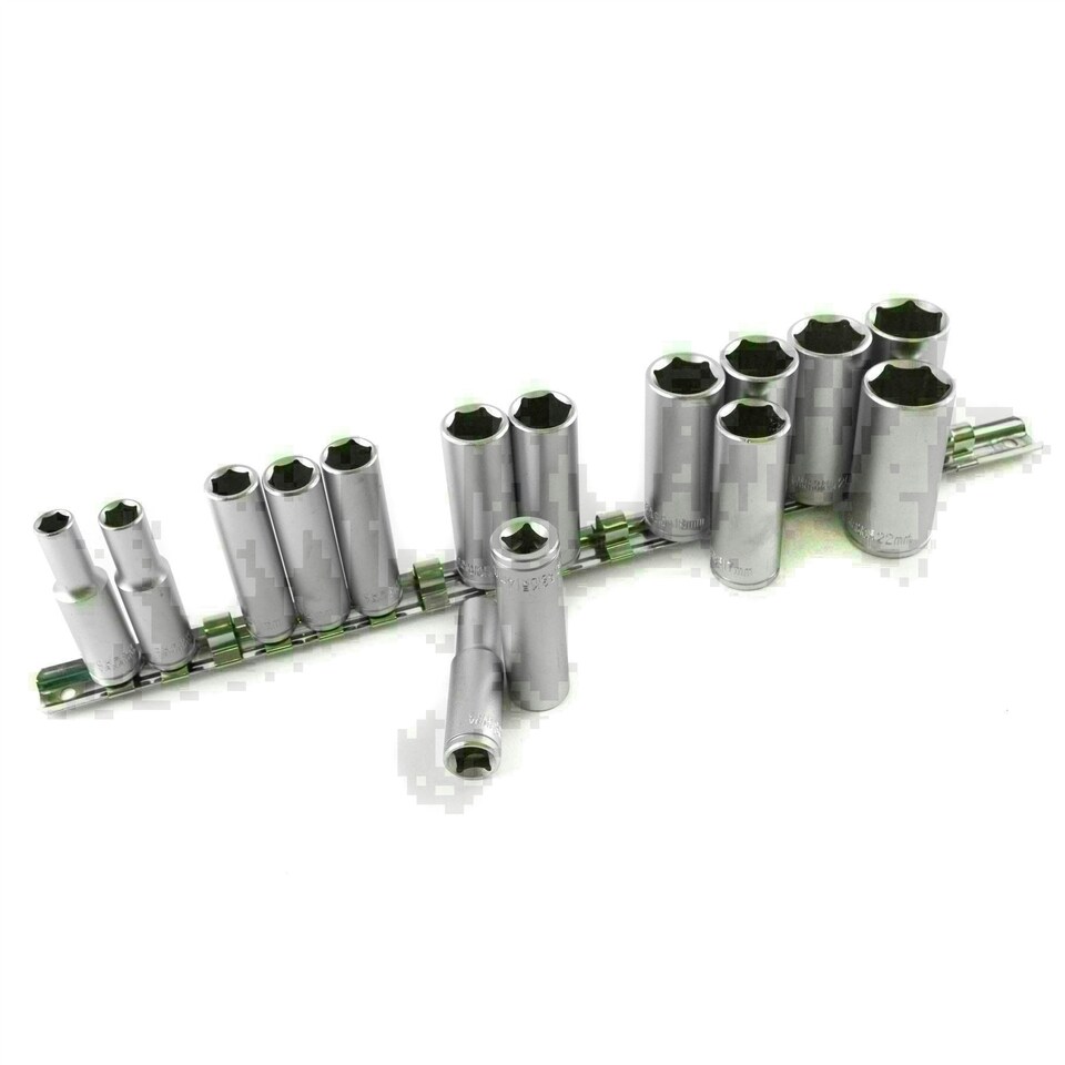 image 1 of 15pc 3/8" dr Deep Reach CRV Sockets On Rail 8-22mm Hex 6 Point Metric TE917