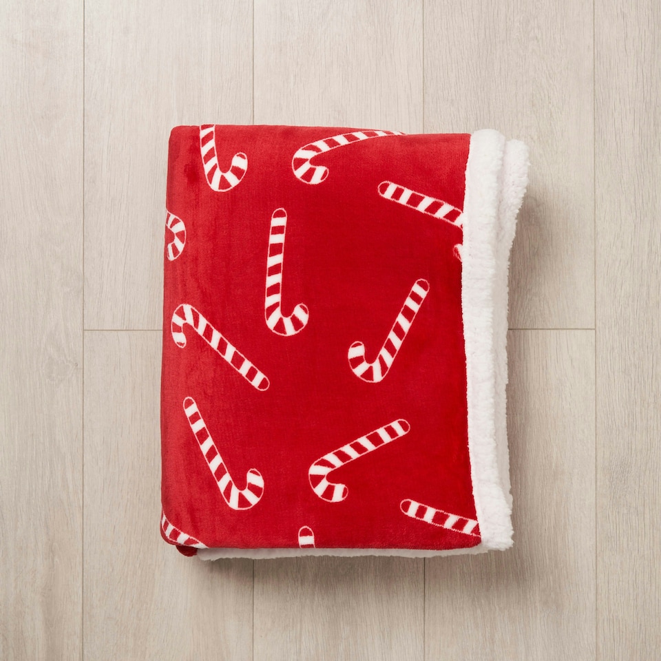 image 1 of BHS Christmas Candy Cane Throw with Sherpa Back, Red | Red | Red | 1