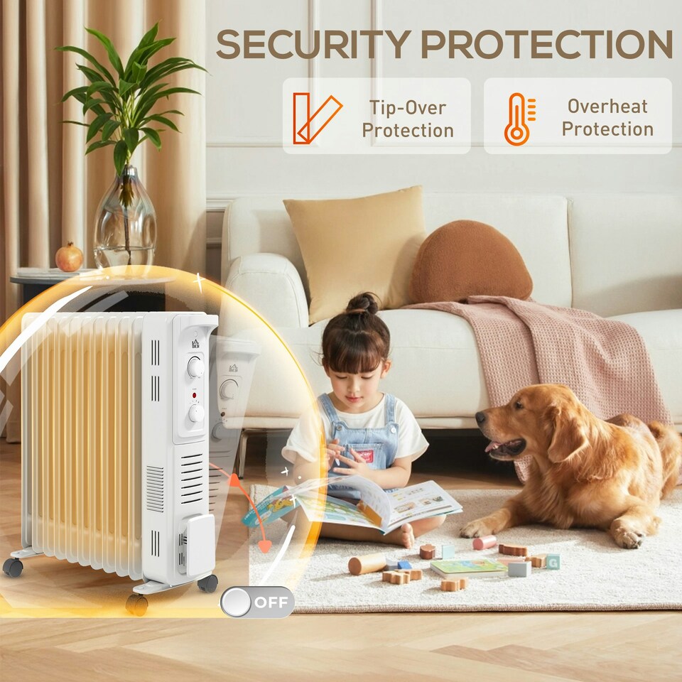 image 1 of HOMCOM 11 Fin Portable Oil Filled Heater Radiator, Energy Efficient, White