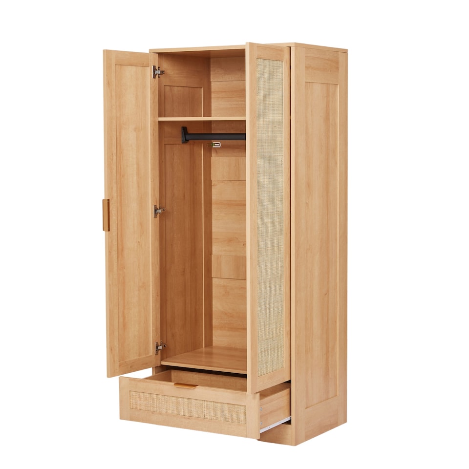 image 1 of 2-Door Rattan Wardrobe Closet Armoire with Drawer and Hanging Rack - W80xD55xH185 CM - Natrual