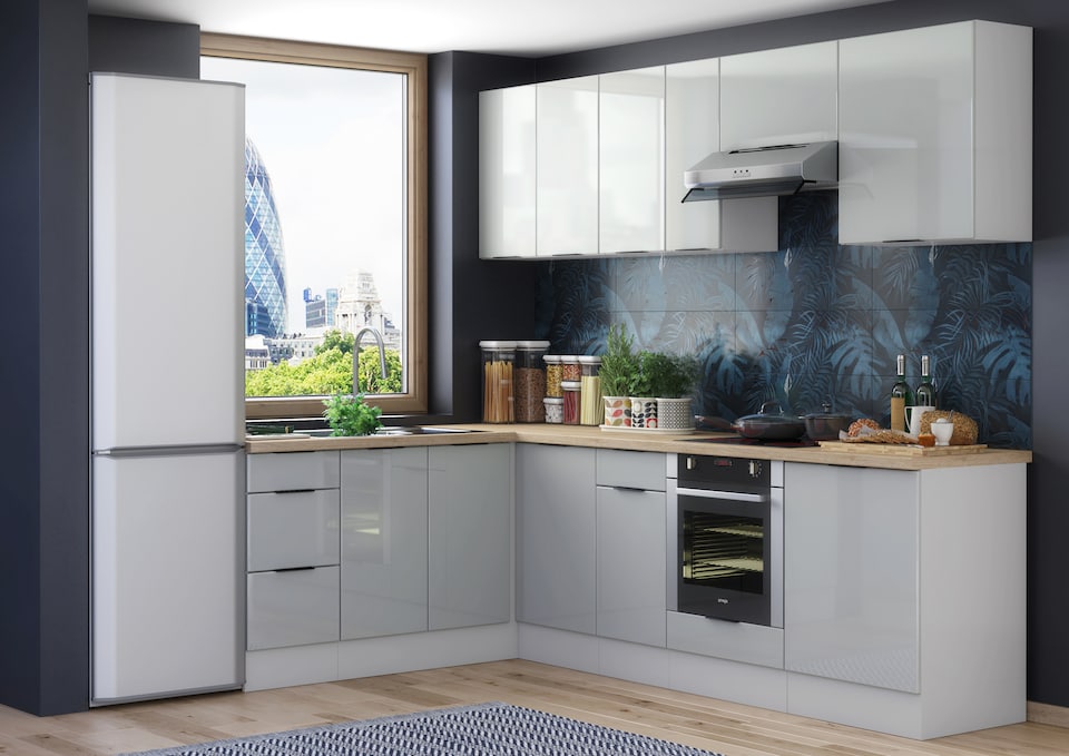 image 1 of Star Kitchen Corner Cabinet 11 Unit Set Base Wall Larder Oven Grey Gloss 600mm